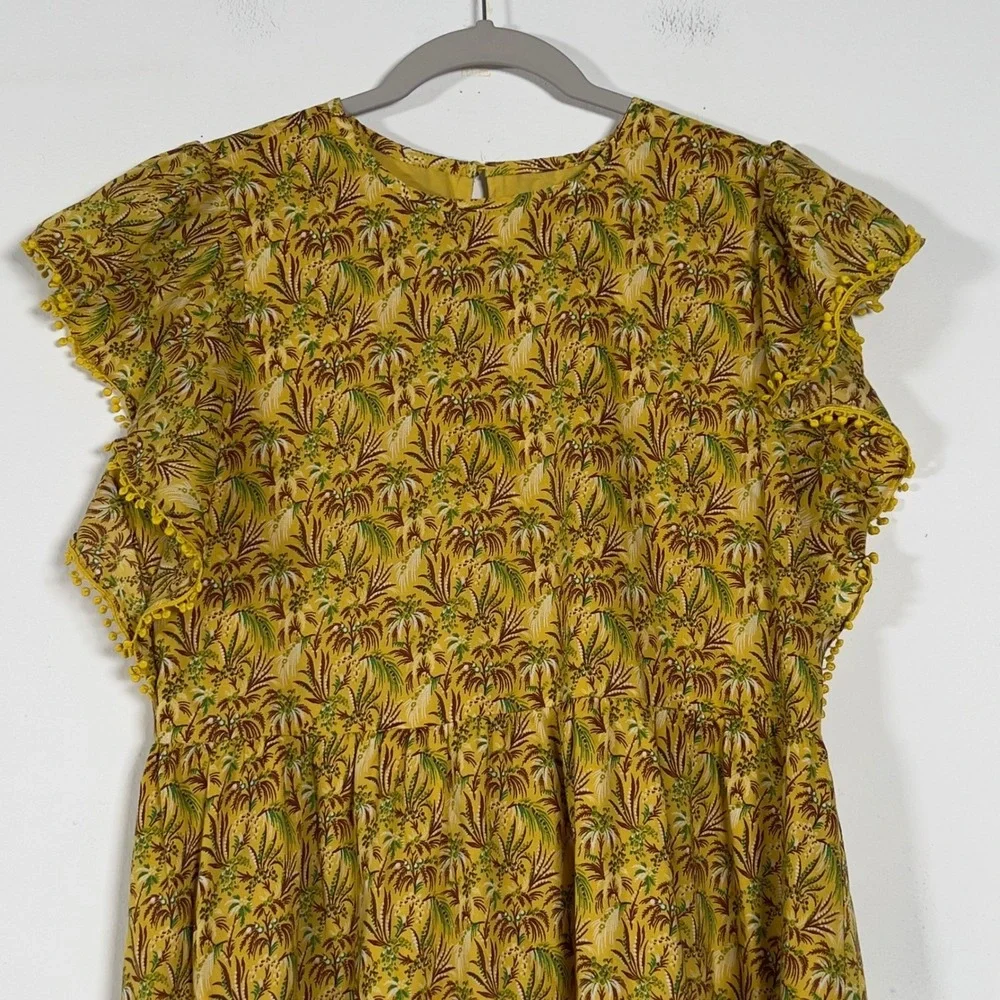 Ann Taylor Yellow Tropical Palm Print Maxi Dress Flutter Sleeve Pom‎ Pom Medium